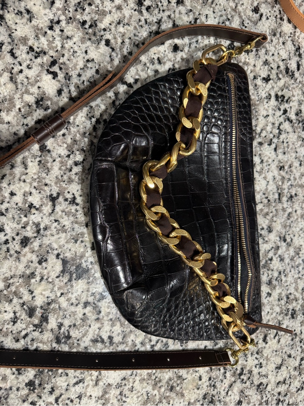 Black Croc-Embossed Crossbody Bag with Gold Chain Accent